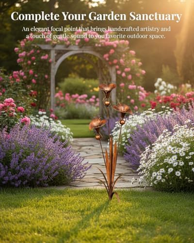 2026 Flamed Copper Three Calla Lilies Garden Stake with Bells, Rain Catcher Flower Handmade 24inch Large Whimsical Metal Plant Sculpture Yard Art Decor, Rustic Wind Chime Ornament Gift - Image 5