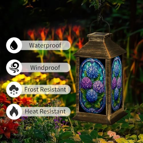 Solar Lantern Stained Glass Style Hydrangea Outdoor Waterproof Garden Hanging Lantern Solar Powered Lighting Outside Solar Light for Patio Yard Camping, Gifts for Women Mom - Image 3