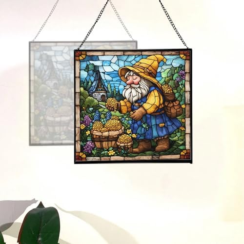 Gnome Beekeeping Stained Glass Suncatcher – Square Hanging Window Panel for Home, Garden, Nursery, Halloween, Christmas, Memorial Day – Whimsical Glass Art Gift for Gnome Lovers kbh7x5 - Image 4