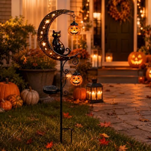 Solar Halloween Black Cat & Pumpkin Moon Garden Stake Light, Waterproof Metal Black Cat Yard Ornament with Hanging Pumpkin Lantern, Outdoor Spooky Decor for Garden, Patio, Lawn, Pathway - Image 2