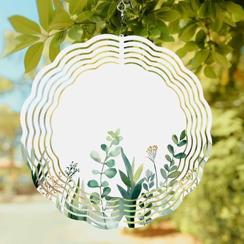 Wind Spinners for Yard Garden, Watercolors Gradient Green Leaves 3D Stainless Steel Round Hanging Spinners Indoor Outdoor Kinetic Yard Art,12 Inch, Rural Plants by IDOWMAT