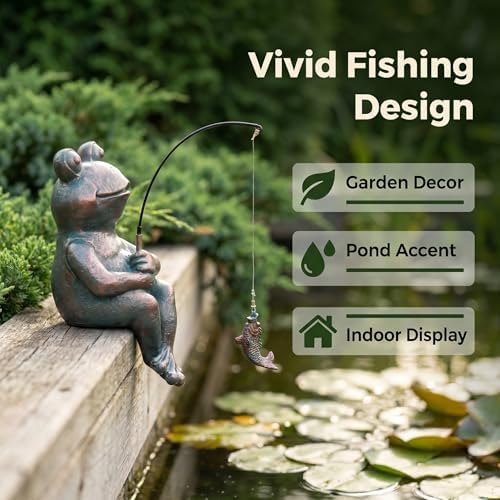 Frog Fishing Statue Garden Decor – 9.8" Weatherproof Resin Frog Fishing Sculpture Decor for Fish Ponds, Koi Ponds, Waterfalls, Poolside & Outdoor Gardens– Resin Figurine for Indoor & Outdoor Décor - Image 3