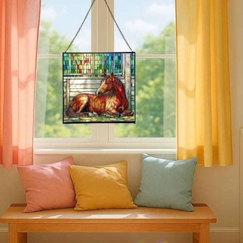 Chestnut Morgan Horse Resting Near barn Window Square Suncatcher – Stained Glass Style Window Panel with Pastoral Scene, Custom Decorative Hanging Art for Equestrian Home, Christmas 7IfYQe - Image 5