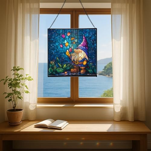 Rain Petal Gnome Stained Glass Suncatcher – Square Hanging Window Panel for Home or Greenhouse – Whimsical Glass Art Gift for Garden Lovers, Christmas, Halloween, Father Days El46GY - Image 6