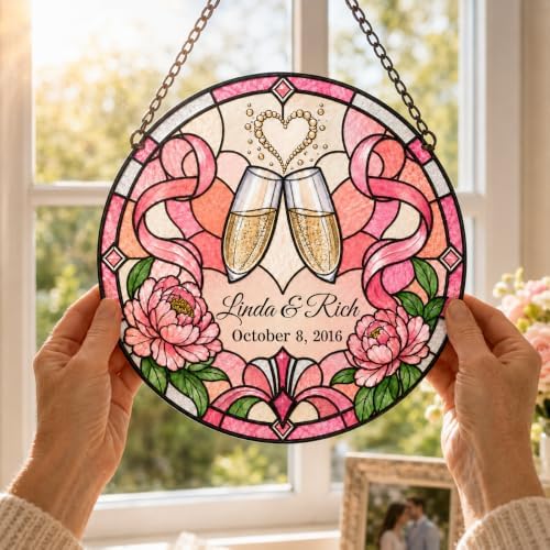 Personalized Couple Anniversary Suncatcher Hanging Ornament, Floral Love Window Hanging Custom Anniversary Wedding Couple Gift for Wife Husband Wedding Keepsakes Home Decor Bride Groom 11.81" - Image 3