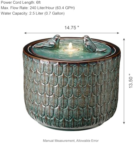 Glitzhome 14.75”H Outdoor Ceramic Water Fountain with LED Light and Pump, Embossed Leaf Pattern Floor Standing Bird Bath Fountain with Two Birds Decor for Patio Porch Deck Backyard, Turquoise - Image 2
