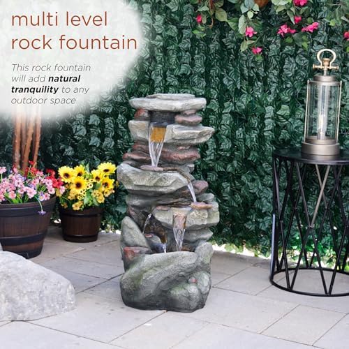 Alpine Corporation 31" Tall Outdoor 4-Tier Rock Floor Fountain, Cascading Waterfall with Cool White LED Lights, Gray - Image 6