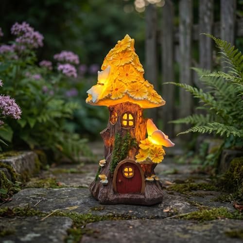 COWOS Mushroom House Statue, Mushroom Fairy Garden House with Solar Light, for Women's Yard Decorations, Gardening Gifts for Patio - Image 3