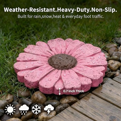 Landoraloria Cement Flower Stepping Stone 10” Daisy Garden Path Stone for Yard & Walkway Handcrafted Non-Slip Outdoor Patio Decor Weather-Resistant Cement Stone (Pink) - Image 2