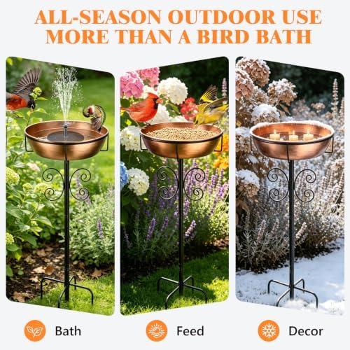 Btefd 3" Deep 43" Tall Copper Metal Bird Bath for Outdoor, 12" Dia Removable Bird Baths Water Bowl for Outside, Standing Birdbaths with Stable Stake for Garden Yard Lawn Decor 1.4 Gallon - Image 5
