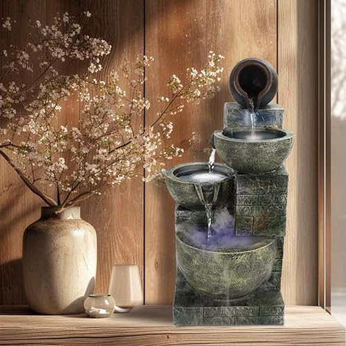 23.6" 4-Tiers Cascading Rock Water Fountain Outdoor Garden Waterfall Decor for Garden, Outside Cascading Bowls and Stacked Stones Patio Water Features Fountain with LED Light and Atomizer Wh - Image 2