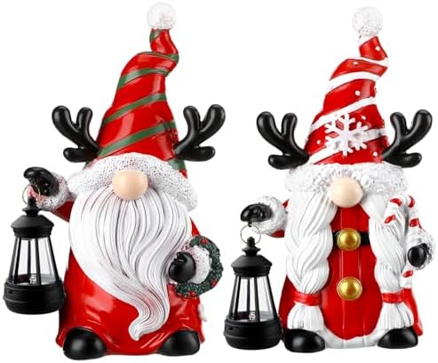 Suzile 2 Pack 9.4 Inch Gnome Statue Christmas Garden Decor with Solar Lights Resin Outdoor Christmas Decoration Figurine with LED Lantern Outside for Courtyard Lawn Patio Porch Housewarming Gift by Suzile