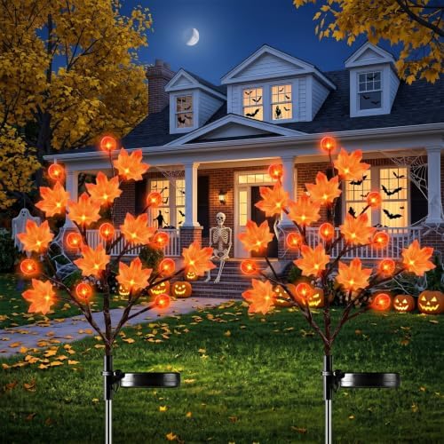 JUSTUP 2PCS Solar Halloween Flower Shaped Ground Lights, IP44 Waterproof LED Mood Lighting with Three Lighting Modes, Outdoor Garden Lawn Decor for Courtyards & Halloween Parties (Yellow Maple Leaf) by Justup
