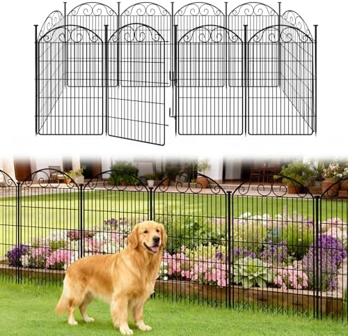 COLRASN 10 Panels No Dig Decorative Garden Dog Fence Outdoor for Yard, 48in(H) x 24.16ft(W) with Latch Tall Animal Barrier Fenceing Panels, Rustproof Ground Stakes Temporary Wire Screen for Patio by COLRASN