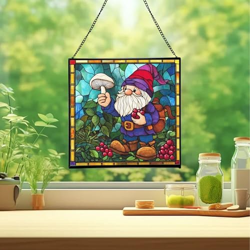 Gnome with Berry Dyes Stained Glass Suncatcher – Square Hanging Window Panel for Home, Garden, Nursery, Halloween, Christmas, Memorial Day – Whimsical Glass Art Gift for Gnome Lovers r1sbo0 - Image 2