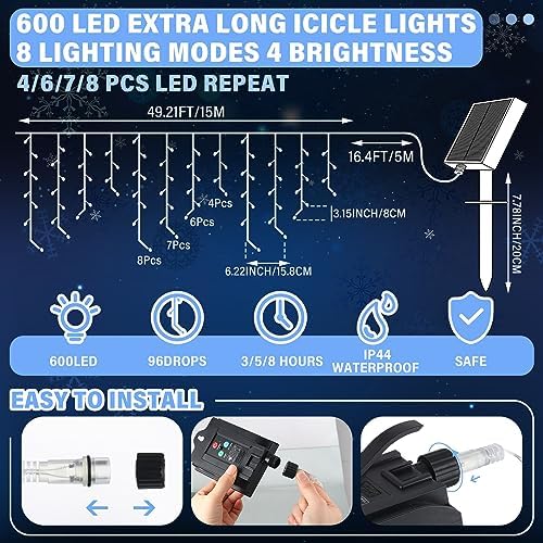 Retisee 65ft Cold White Solar Icicle Christmas Light for Outdoor Decoration - Image 2