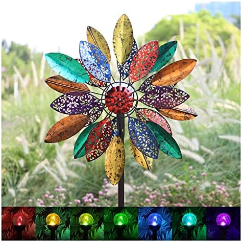 Solar Garden Wind Spinners with Light, Metal Yard Wind Spinners with Stake for Outdoor Lawn Decor (20" W x 77" H) by CyanOasis