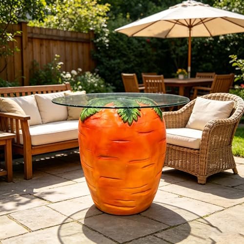 16" Carrot Shaped Resin Side Table with Glass Top, Whimsical Fruit Accent End Table for Living Room, Bedroom, Patio, Garden & Indoor Outdoor Decor - Image 2
