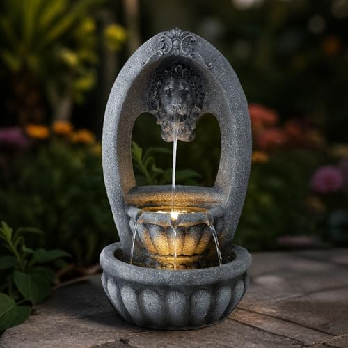 Lion Head 2-Tier Outdoor Water Fountain, Resin & LED, 31.1 in - Image 2