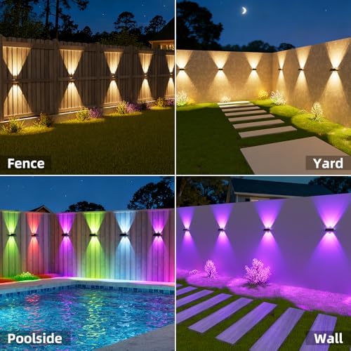 NIORSUN Solar Fence Lights Outdoor, 6 Pack Up and Down Waterproof Solar Wall Lights, Warm & Cool White + RGB, Fence Lights with Lens, Dusk to Dawn Lighting for Patio, Backyard, Pool, Railing (Black) - Image 4