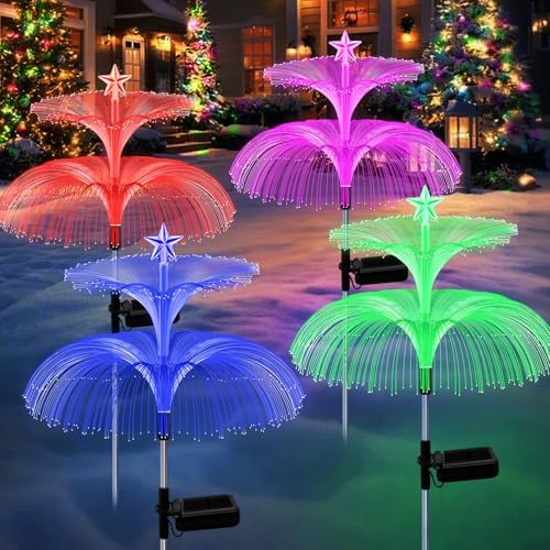 MRHEPHAESTUS Solar Garden Lights, 4 Pack Solar Star Jellyfish Lights 7 Color Changing Fiber Optic Light Gardening Gifts for Mom Grandma Women, Flower Light for Outdoor Yard Garden Decor by MRHEPHAESTUS