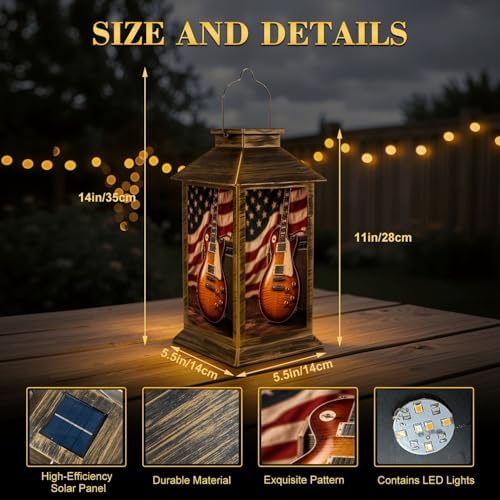 Solar Lantern Outdoor Waterproof American Music Guitar us Flag Guitar Garden Decor LED Hanging Solar Lights Tabletop Lamp Gifts for Women Mom Outside Yard Patio Porch - Image 2
