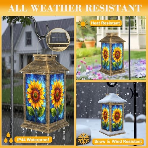 Solar Lantern Outdoor Waterproof Decorative Sunflower Glass Panel Stained Garden Decor LED Solar Lights Hanging/Tabletop Lamp Gifts for Women Mom for Outside Yard Patio - Image 3