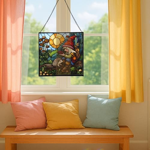 Gnome with pet Stained Glass Suncatcher – Square Hanging Window Panel for Home, Garden, Nursery, Halloween, Christmas, Memorial Day – Whimsical Glass Art Gift for Gnome Lovers unif14 - Image 5