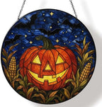 Jack O Lantern Bats Corn Stained Glass Suncatcher 11.8" Colorful Window Hanging Ornament, Sun Catcher Decor for Bathroom Front Door Living Room Home Wall Garden by FeHuew