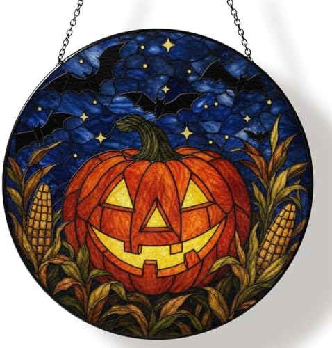 Jack O Lantern Bats Corn Stained Glass Suncatcher 11.8" Colorful Window Hanging Ornament, Sun Catcher Decor for Bathroom Front Door Living Room Home Wall Garden by FeHuew