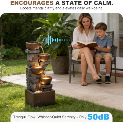 33.5" H Outdoor Water Fountain, 4-Tier Cascading Waterfall Fountain with Warm LED Lights, Vintage Brick Design for Garden, Patio, Backyard Decor - Image 5