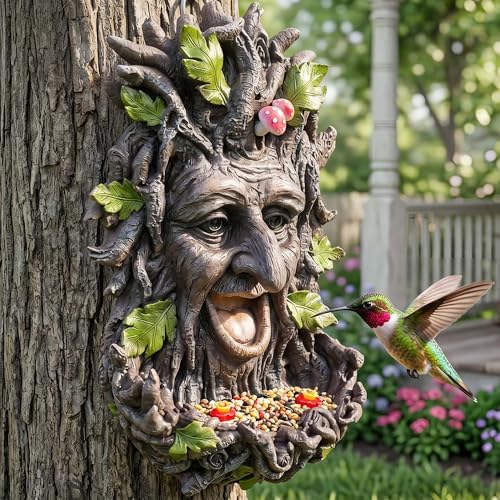 12" Real Tree Face Hugger Statue, Outdoor Garden Resin Bird Feeder Sculpture with Foliage Features, Fairy Elve Accent Yard Art, Halloween Trees Decorations Outdoor Wall Mounted Statue - Image 5