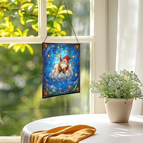 Cloud Gnome Swing Stained Glass Suncatcher – Square Hanging Window Panel for Home or Greenhouse – Whimsical Glass Art Gift for Garden Lovers, Christmas, Halloween, Father Days t3Lwaw - Image 3