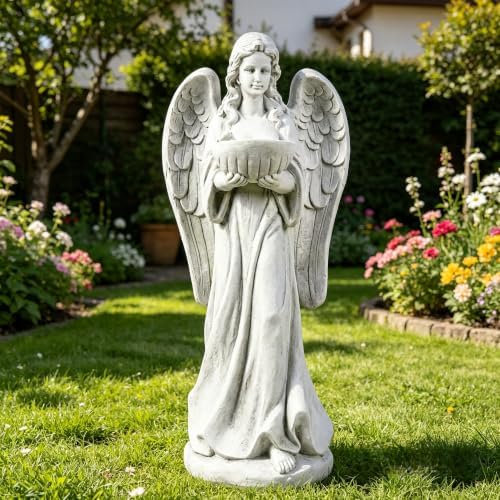 Outdoor Angel Statue with Birdbath, Garden Sculpture Decorations for Yard Patio Deck Home Entryway Hallway (Angel-Grey) by Keslecy