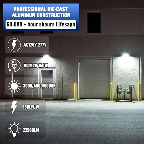 LAMPHOME LED Flood Lights Outdoor 100/120/150W W and 3000/4000/5000K Adjustable 19500Lm,Dusk-to-Dawn Sensor o Dawn Flood Light for Yard, Garage, Garden,UL Listed,Includes Knuckle Mount - Image 4