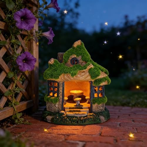 COWOS Fairy Garden House, Flocked Moss Miniature Cottage for Outdoor Yard Decor, Weather-Resistant Resin Forest House with Mushroom Furniture, Fairy Garden Accessories for Patio, Lawn, Home, and Gift - Image 7