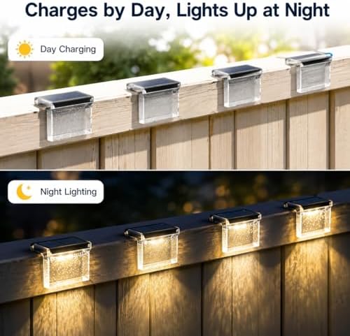 Qualdout Solar Deck Lights 8 Pack, IP65 Waterproof Solar Step Lights Outdoor, Warm White Solar Fence Lights with Crystal Acrylic Lens, Dusk to Dawn LED Lights for Stairs, Railing, Patio, Pool, Yard - Image 3