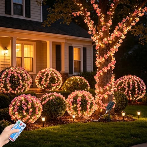 GOESWELL Solar Flowers Vine Lights : 32.8Ft 100Led Warm White Fairy Lights with Remote Timer Dimmable for Garden Fence Balcony - Solar Cherry Blossom String Lights for Patio Yard Pathway Wedding Decor - Image 4