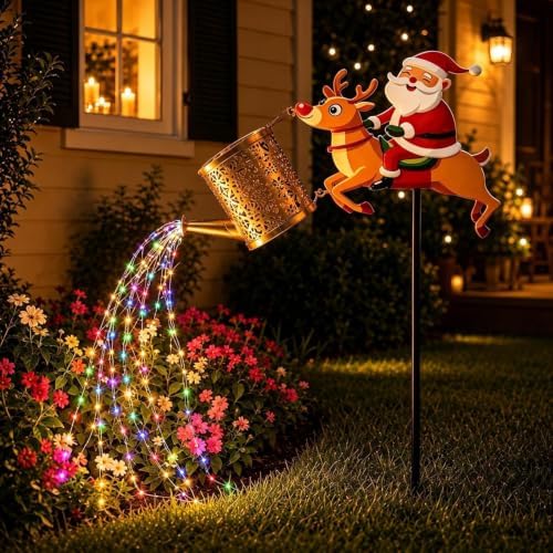 Solar Watering Can Lights - Christmas Santa LED Metal | Outdoor Yard Stake - Image 2