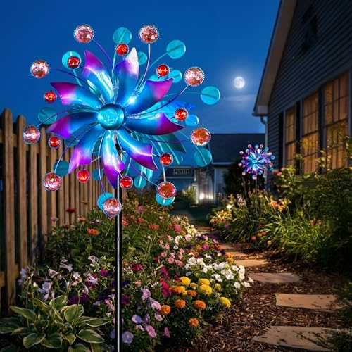 Solar Wind Spinner Outdoor - Metal Kinetic Wind Sculptures with Sparkling Jeweled Ornaments, Blue & Purple Gradient Dual-Direction Spinner, Solar LED Glass Ball Yard Art for Garden Patio Decor - Image 4