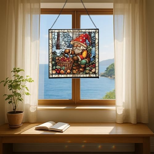 Gnome with Hibernation preparations Stained Glass Suncatcher–Square Hanging Window Panel for Home, Garden, Nursery, Halloween, Christmas, Memorial Day–Whimsical Glass Art Gift for Gnome Lovers 0uoi6u - Image 6