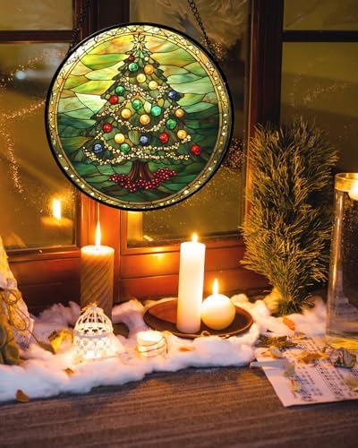 Green Christmas Tree Gold Ribbon Stained Glass Window Hanging Gifts 15" - Image 2