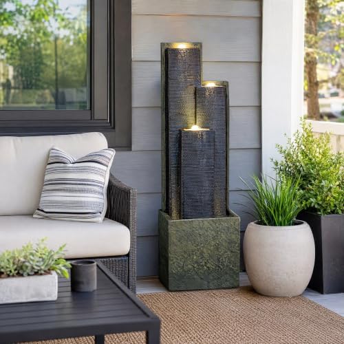 39" Outdoor Water Fountain, 3-Tier Resin Cascading Feature with LED - Image 5