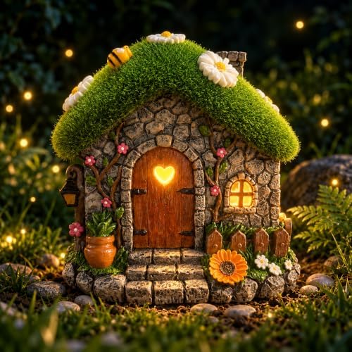 Daisy Fairy Garden House with Honey Bee, Solar Lighted Resin Yard Statue by Unknown