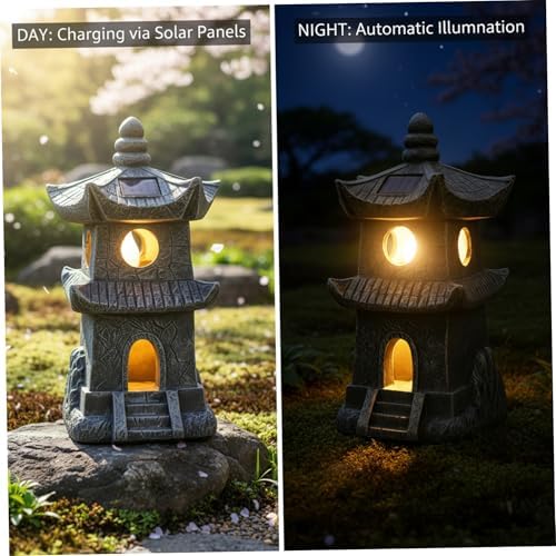 Pagoda Garden Statue - Resin Outdoor Zen Garden Decor with Auto On/Off, Water-Resistant for Patio, Yard, Lawn Pagoda Statue, Lantern, Decor - Image 4