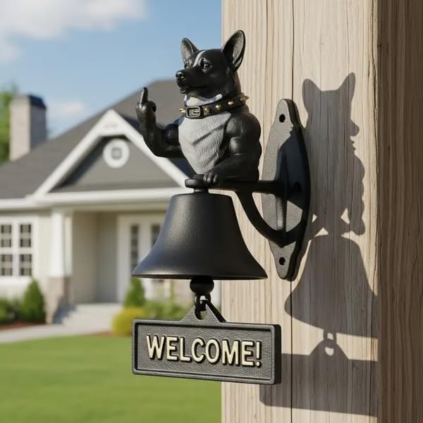 Cast Iron Muscle Dog Welcome Doorbell, Funny Bulldog Doorbell, Dog Middle Finger Decor Dinner Bell, Retro Metal Outdoor Dachshund Hanging Door Bell for Yard Garden - Image 4