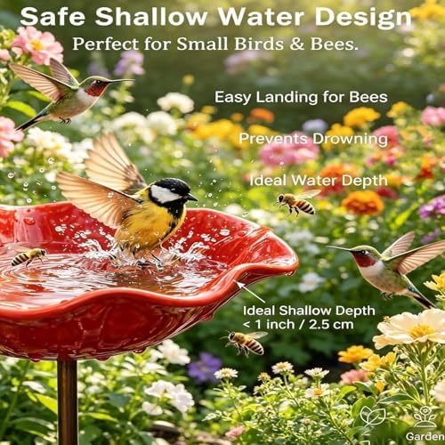 Dots Bee Blossoms for Water, 2PCS Poppy Bird Bath Stake, Outdoor Pollinator Handmade Metal Flower Garden Stake, Mini Bird Bath & Bee Watering Station for Outdoor Garden Courtyard Decor (Red) - Image 3