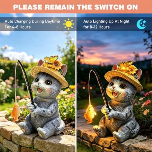 Solar Garden Outdoor Cat Statues, 10.24in Fishing Cat Figurine Solar Lights - Image 5