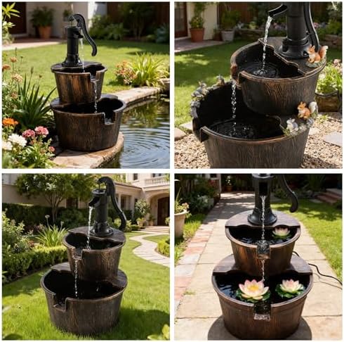 2-Tier Barrel Waterfall Fountain,27-Inch Plastic Outdoor Water Feature with Pump for Garden,Patio and Backyard - Image 7
