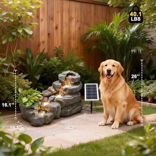 38.2" L Solar Water Fountain Outdoor Garden 5 Tiers Floor Standing Rock Natural Waterfall Outdoor Fountains with LED Lights and Planting Pot for Patio, Porch,Backyard,Home Art Decor - Image 3